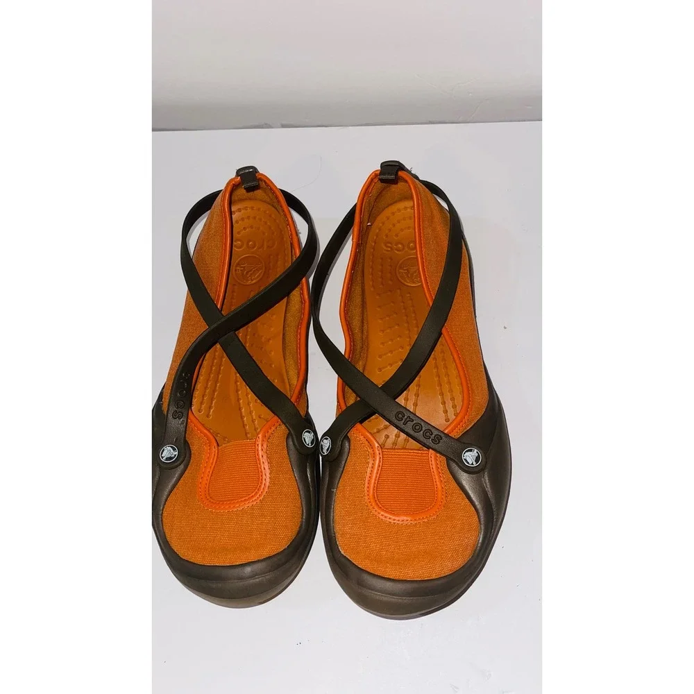 Crocs Womens Adrina Mary Jane Size 12 Orange Brown Canvas Comfort Clog